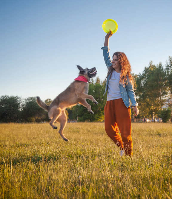 A woman is playing with a dog in a field.