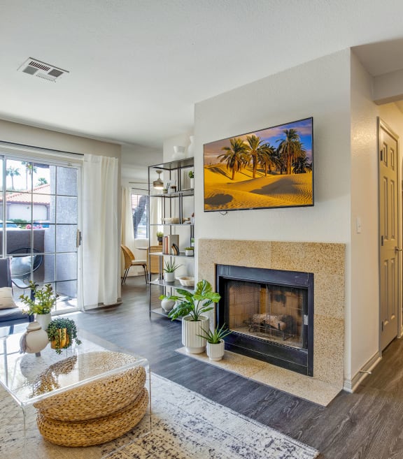 the living room of a house with a fireplace