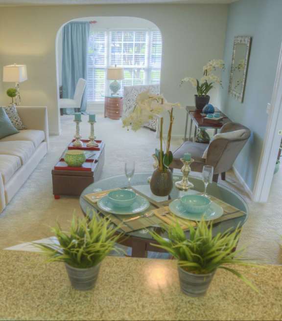 A living room with a couch, coffee table, and potted plants.