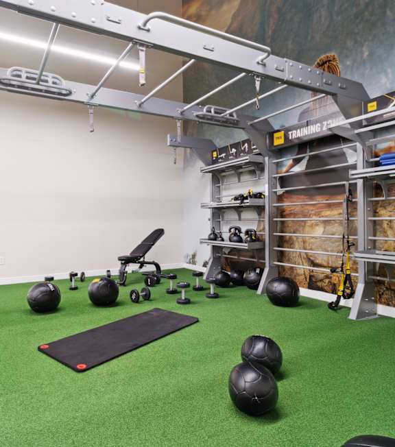 A gym with a green floor and a white wall with a mural of a mountain.