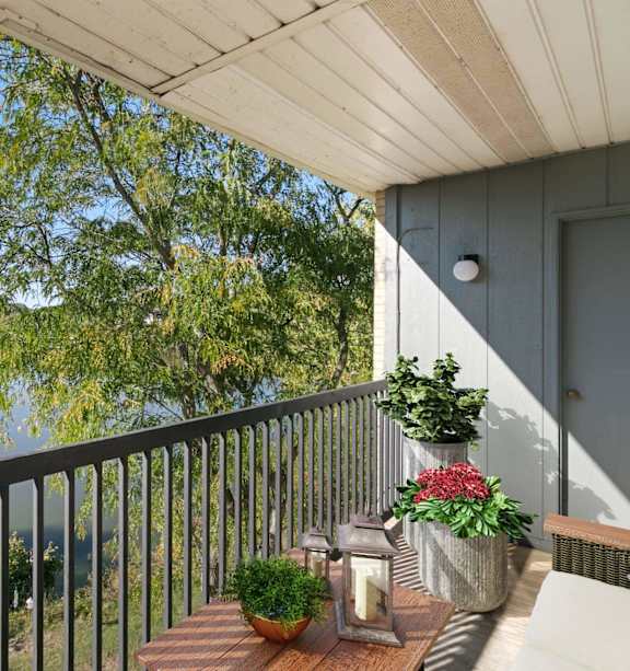 A balcony with a view of a lake and trees.