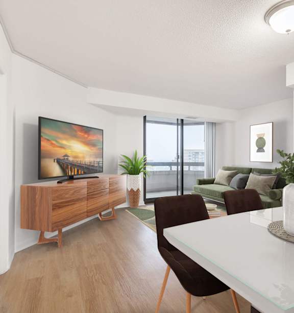 a living room and dining room with a white table
