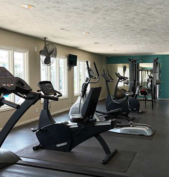 A gym with a row of stationary bikes and a row of elliptical machines.