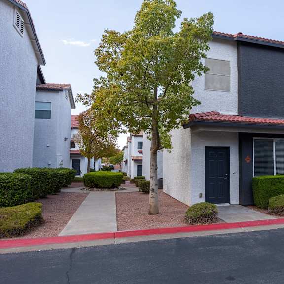 A tree in front of a grey house with a black garage door.