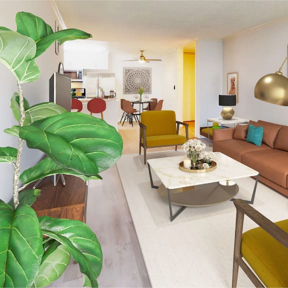 a living room with a brown couch and yellow chairs