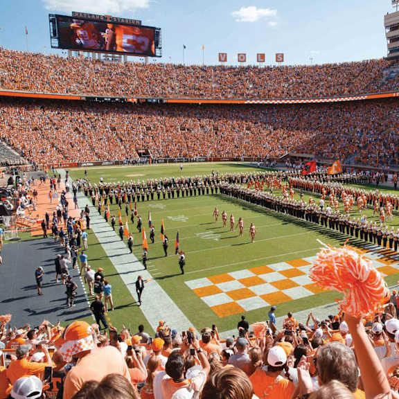 A football field in a stadium.