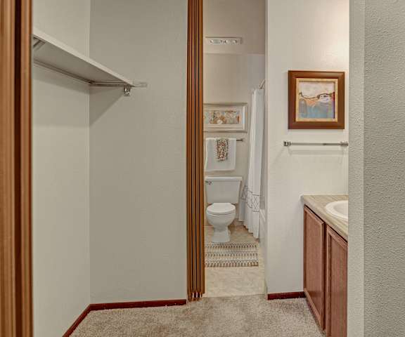 The view of a bathroom and a closet at the Alpine. 