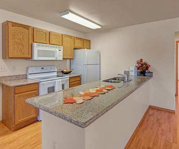 A kitchen with a granite countertop with food on it at Amber Ridge Apartments. 
