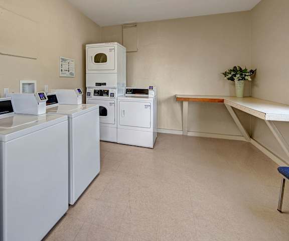 The laundry room is equipped with washers and dryers and a counter with sinks at Bay Arms Apartments. 
