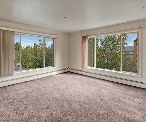 An empty living room with carpeting at Castle Apartments. 