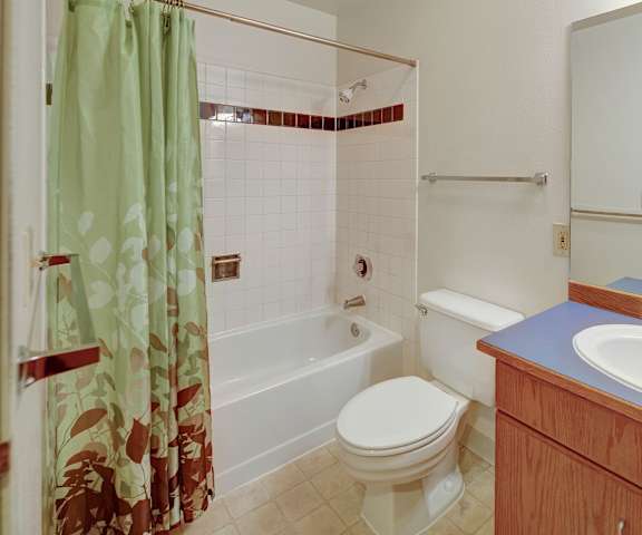 A bathroom with a sink, toilet, and shower at Chugach South Apartments. 