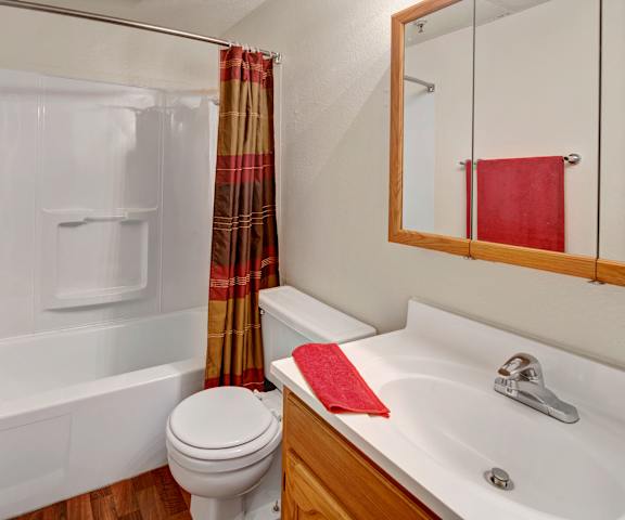 The bathroom with a sink, toilet, shower at College View Apartments. 