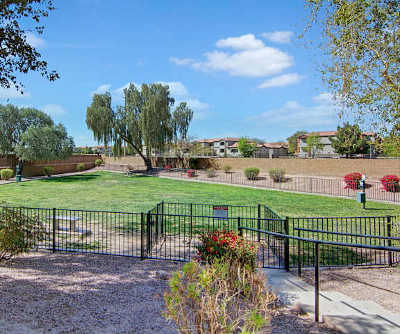 The fenced dog park with a grassy lawn, surrounded by bushes and trees at Pala Mesa Apartments. 