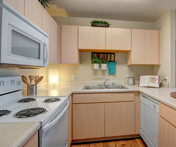 A cozy/large kitchen with white appliances, a light counter with lots of room and a set of wine glasses and a wine bottle on the counter, and spacious wooden cabinets at Pala Mesa Apartments. 
