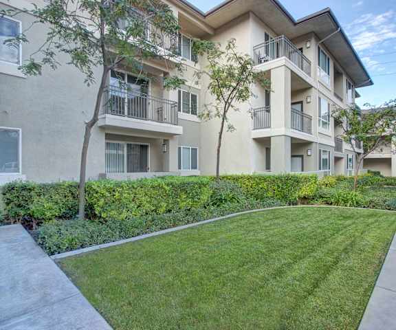 The beautiful exterior of the tan apartments, showing their windows and balconies, and the green space with grass, trees, and shrubs at Vesada Apartment Homes. 