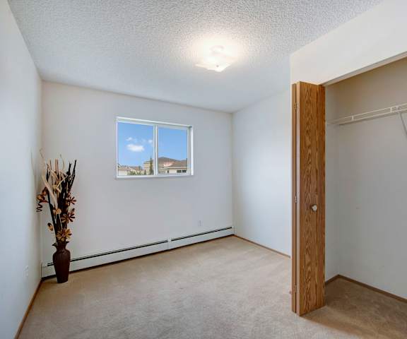 An empty bedroom with a closet and a window at Aspen Terrace. 