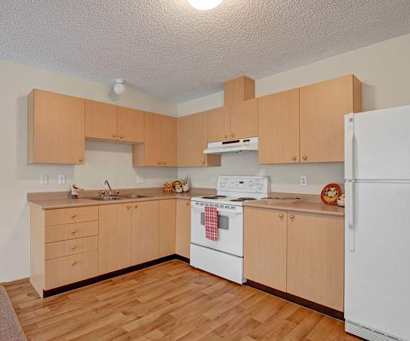 The kitchen with light wood cabinets and white appliances at Birch Terrace Apartment Homes. 