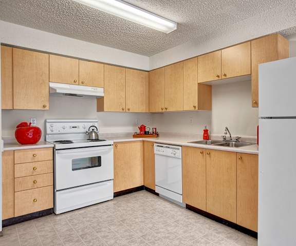 A spacious kitchen with white appliances, red decorations, overhead lighting, light countertops with lots of room, and large light wooden cabinets at Villagio Apartment Homes. 