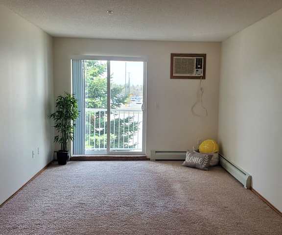 A large, a radiator, empty carpeted bedroom with overhead lighting and a window at Wellington Manor Apartment Homes. 