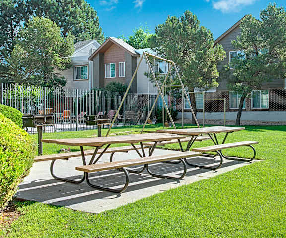Austin Park Playground & Picnic Benches Picnic tables in a green area by the playground at Austin Park.