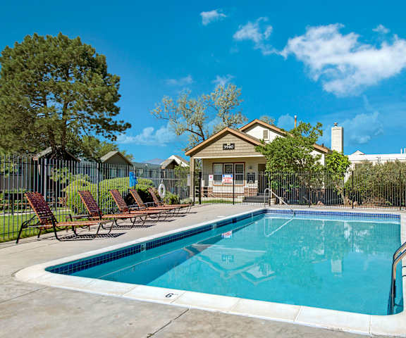 Austin Park Swimming Pool Area The swimming pool at Austin Park with pool chairs.
