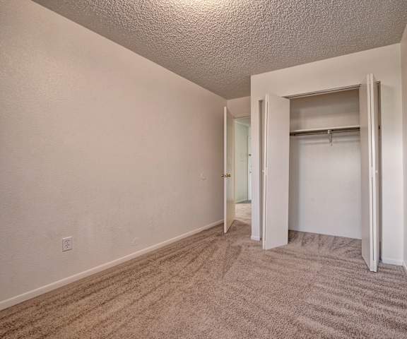 An empty bedroom with a closet and a door to the bathroom at Austin Park. 