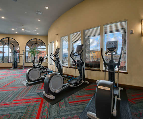 A gym with cardio machines, windows, TVs, and weights at La Bella Vita Apartments. 