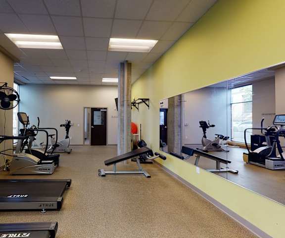A gym with cardio machines, windows, TVs, and weights at Lofts at Farmers Market Apartments. 