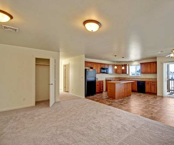 A view of the empty carpeted living room with a window and the kitchen with black appliances and wooden large cabinets at Phoenix Ridge Apartments. 