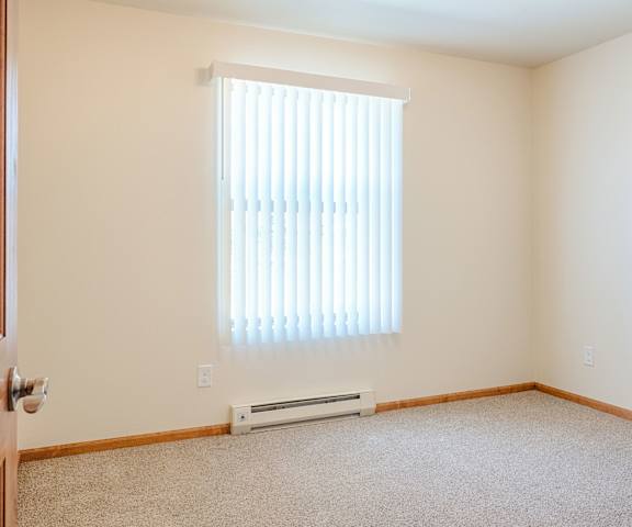 A large, empty carpeted bedroom with overhead lighting and a window at Rockridge Apartment Homes. 