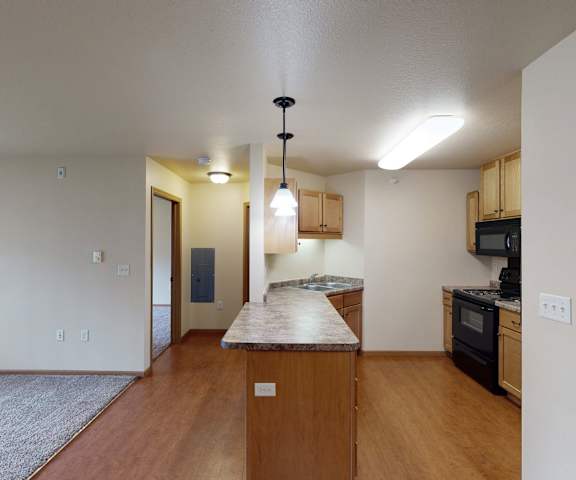 A view of the empty carpeted living room with overhead lighting and the large kitchen with black appliances, marble countertops, and spacious wooden cabinets at Williston Gardens Apartment Homes. 