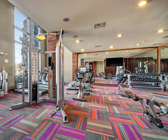 A spacious gym with cardio machines, windows, TVs, and weights at the Enclave at Brookside Apartment Homes. 