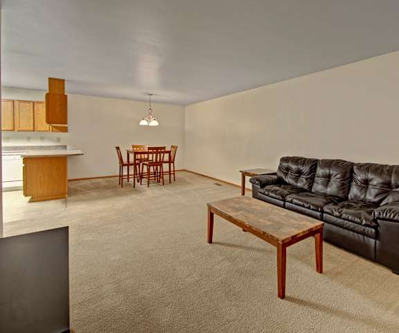 Living room at Dakota Apartments The living room with a couch, coffee table, decorations, and view of the dining room at Dakota Apartments.