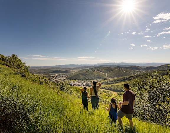 A family of four are standing on a grassy hill with a town in the distance.