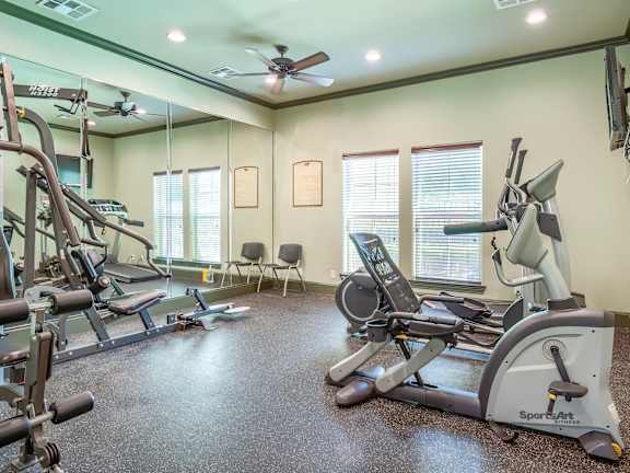 A gym with treadmills, elliptical machines, and other cardio equipment.