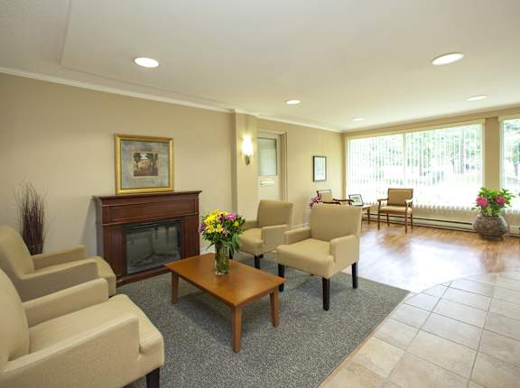 a living room with couches and chairs and a fireplace