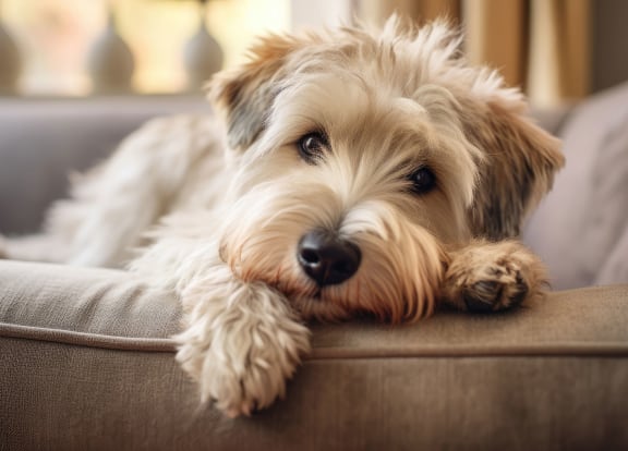 a dog laying on a couch at Amity Oak in Amityville, NY 11701