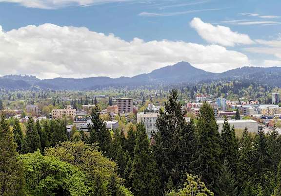 A cityscape with a mountain in the distance is bathed in sunlight.