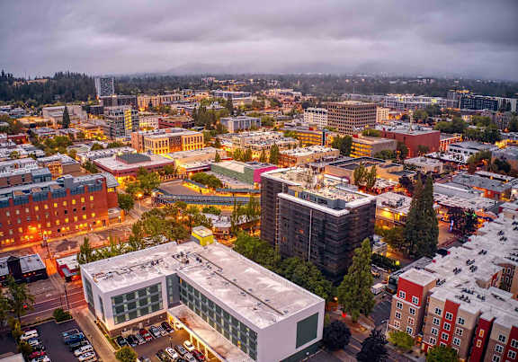 An aerial view of Eugene's cityscape.