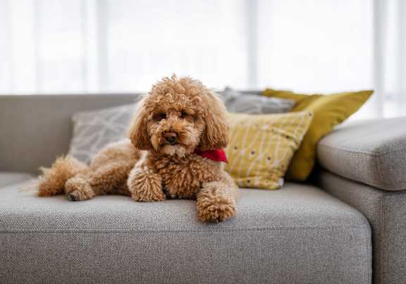 Dog sitting on couch at Stoneridge Apartments, Roseville, CA, 95661