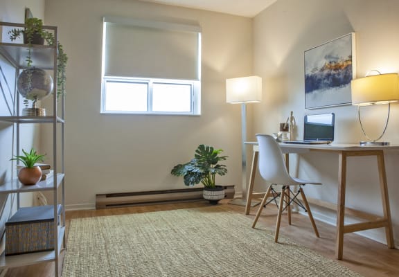 an office with a desk with a computer and a plant
