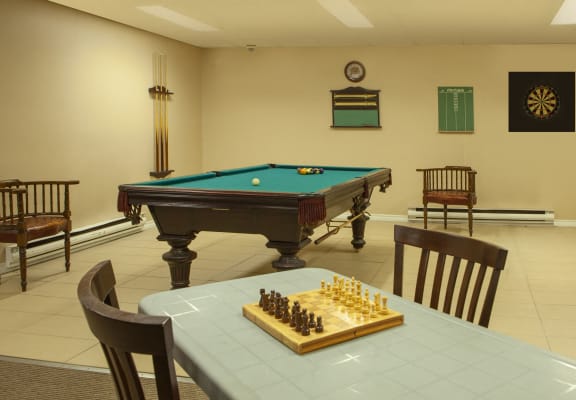 a games room with a pool table and chess board