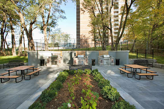 a patio with picnic tables and fire pits in a park