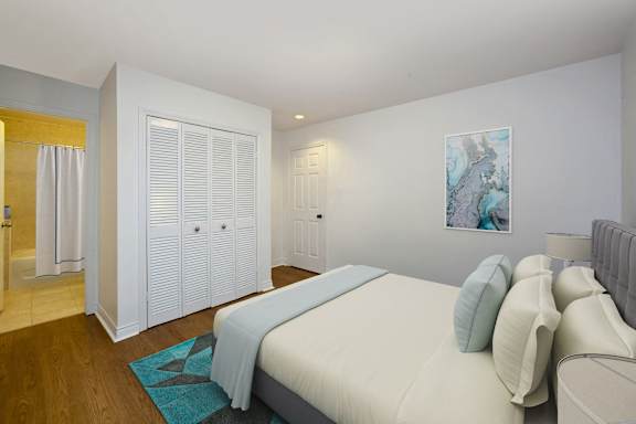 a bedroom with a large bed and a closet