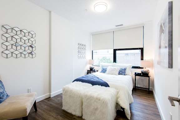 a bedroom with a large bed and a window