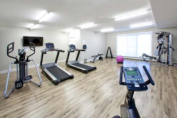A gym with treadmills, elliptical machines, and a television.
