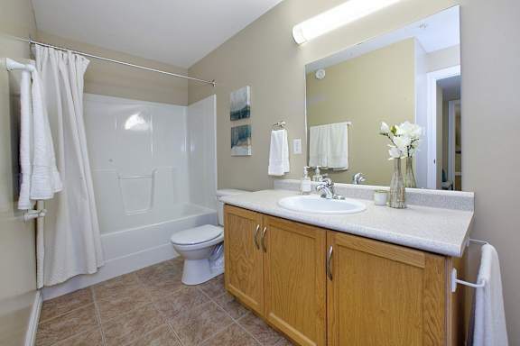 A bathroom with a toilet, sink, and shower.
