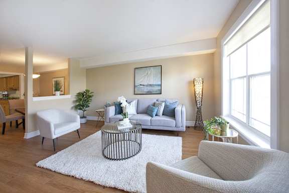 A living room with a white sofa, a white chair, and a white rug.