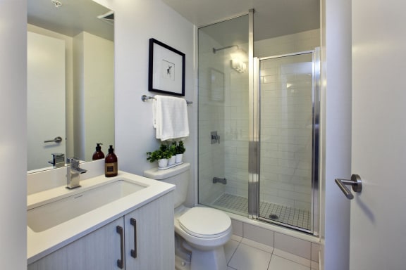 a bathroom with a shower and a sink and a toilet