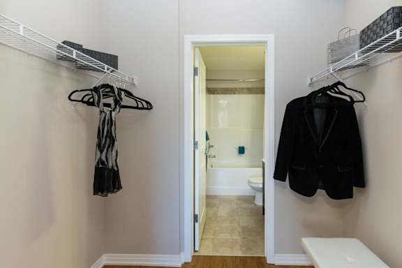 a walk in closet with clothes hanging on the wall and a door to a bathroom